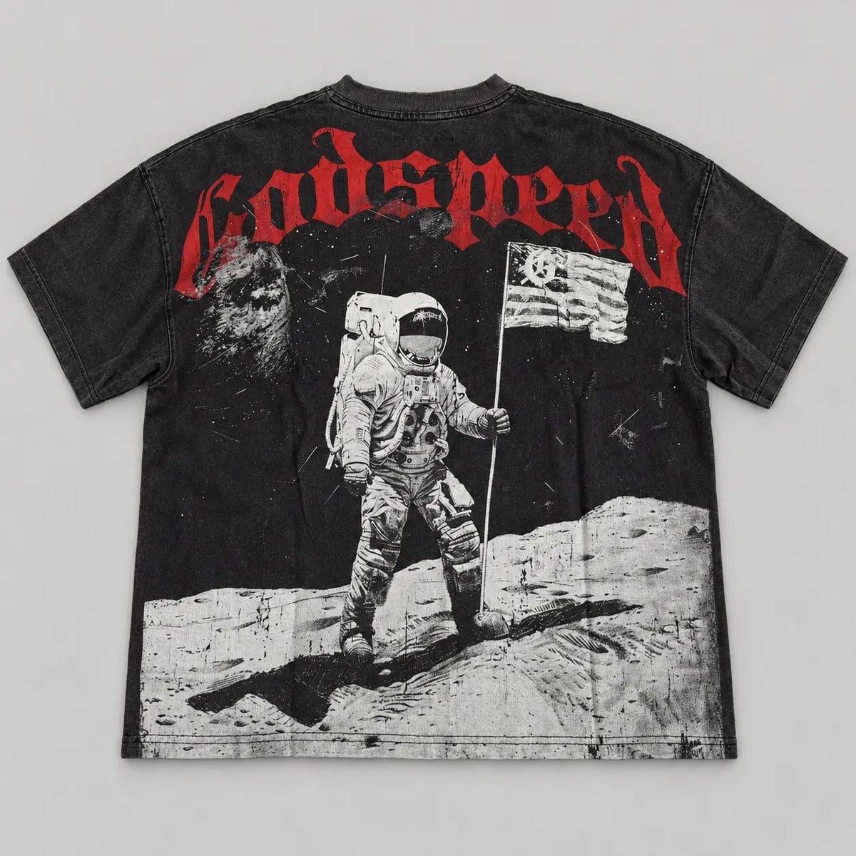 Godspeed Moon Astronaut Long Sleeve Tee Black back studio view